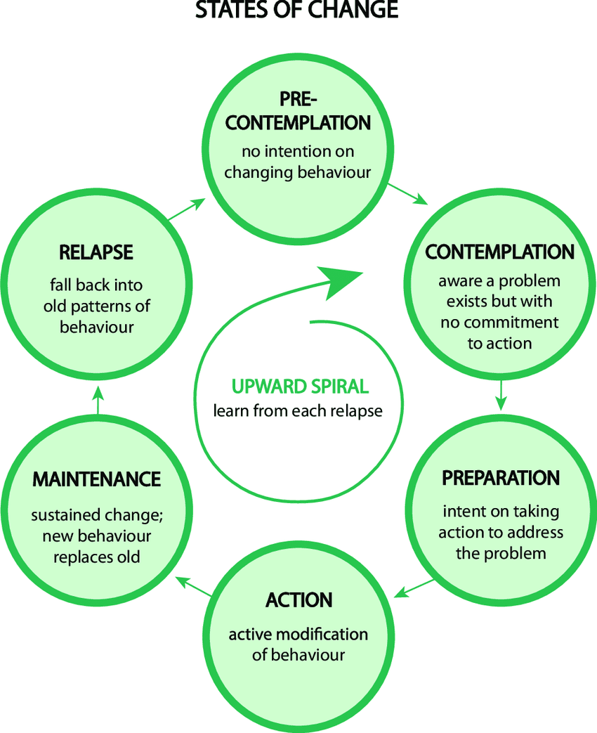 Figure 29. The Transtheoretical Model of Health Behavior Change. Model from Prochaska JO, Velicer WF.   Image from McDonnell BP, Regan C.