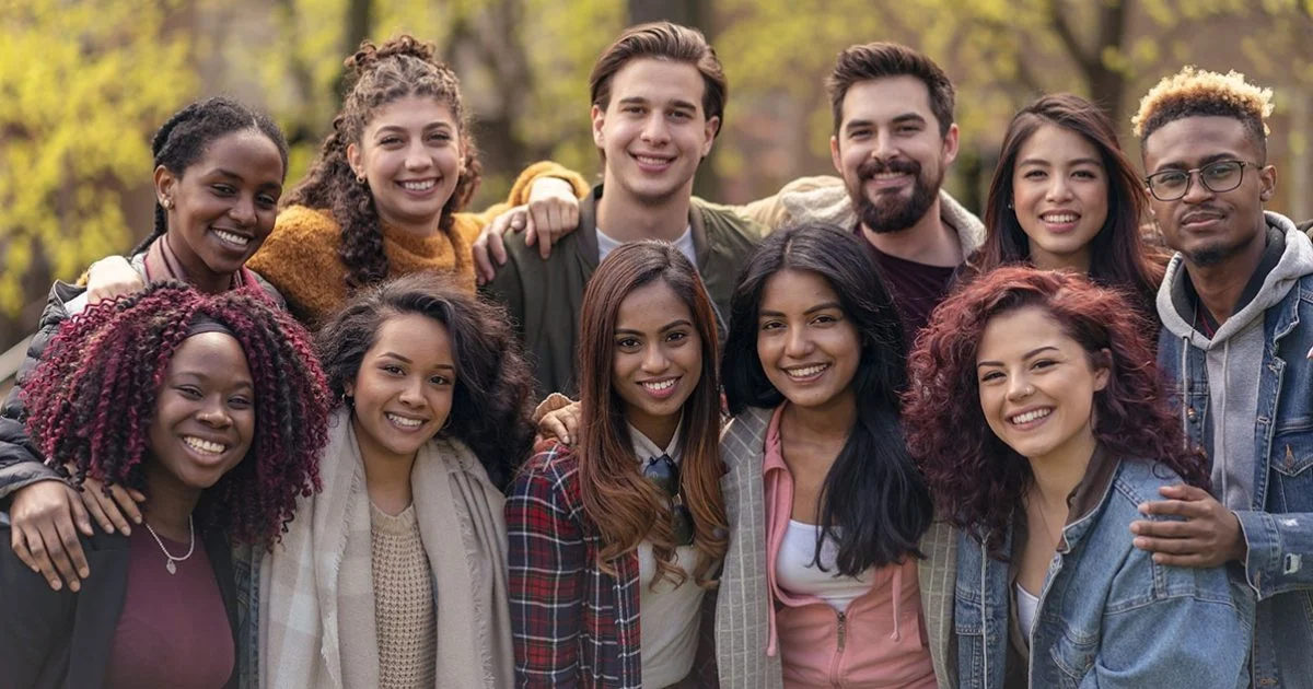 A Group Of Eleven Young Adults Stand Close Together Outdoors, Smiling At The Camera. They Are Dressed In Casual Clothing, And The Background Shows Trees With Green Leaves.