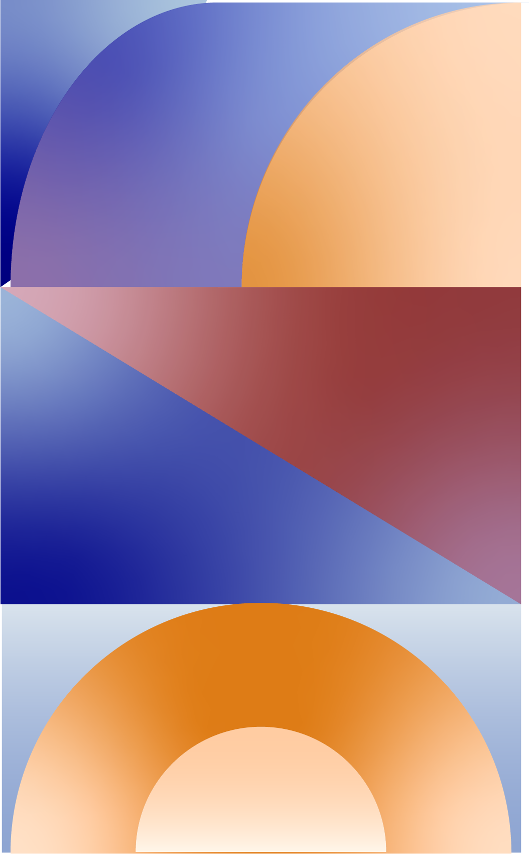Abstract Geometric Artwork Featuring Overlapping Shapes: A Blue And Peach Semi-circle At The Top, A Diagonal Maroon And Blue Section In The Middle, And An Orange Arch With A Smaller Arch Inside At The Bottom, All With Gradient Shading.