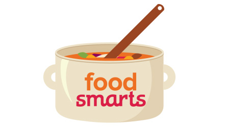 Illustration of a beige cooking pot filled with colorful soup and a wooden spoon. The words food smarts are written on the side of the pot.
