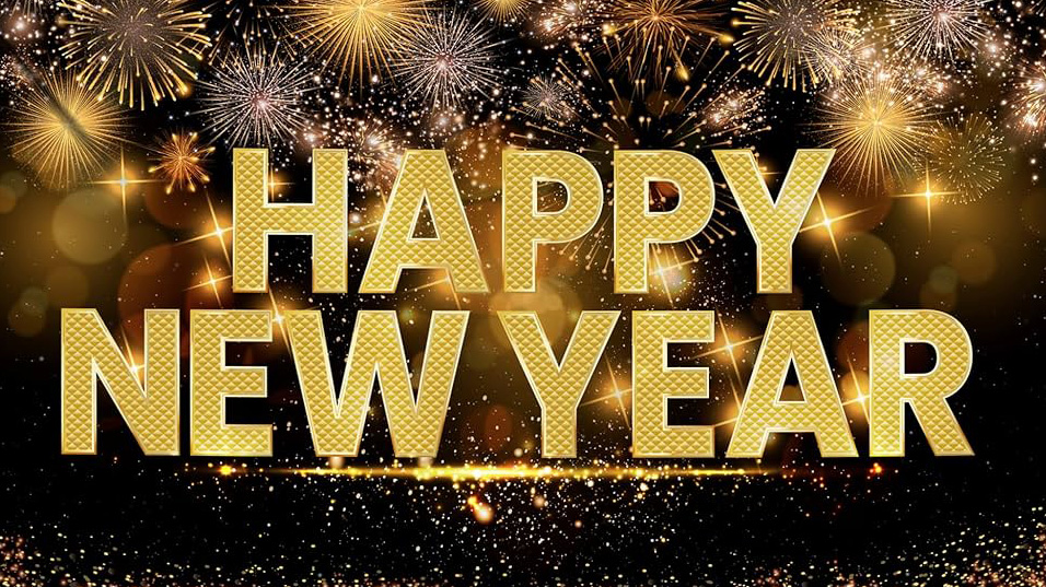 Gold Text Reads HAPPY NEW YEAR With Bright Fireworks And Sparkling Lights In The Background, Creating A Festive And Celebratory Atmosphere.