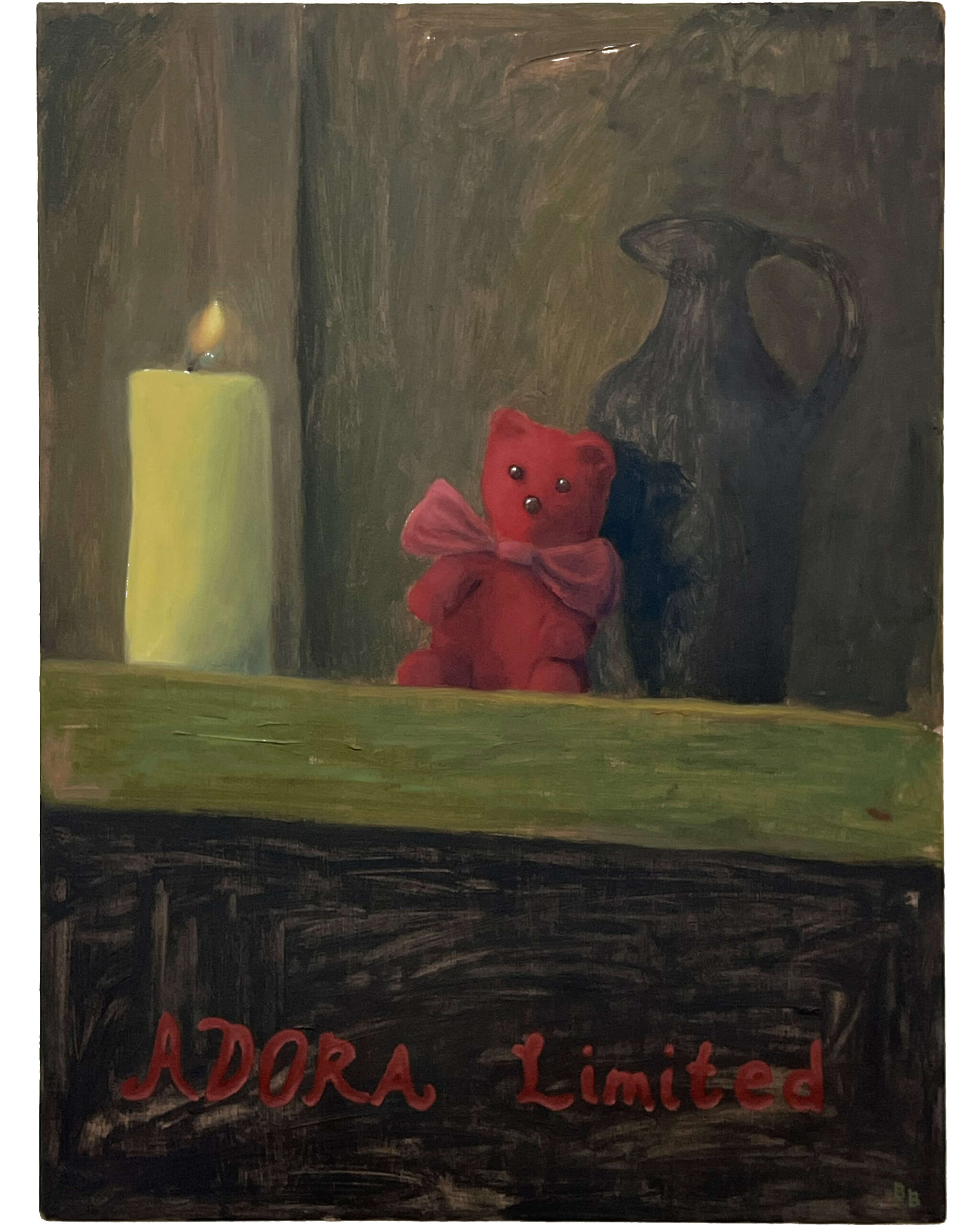 A Painting Depicts A Red Teddy Bear With A Pink Bow Sitting On A Green Shelf Beside A Lit Candle And A Dark Jug. Below, ADORA Limited Is Written In Red Letters On A Dark Background.