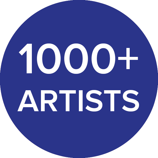 A Solid Blue Circle With The Text 1000+ ARTISTS In Bold White Letters Centered Inside.