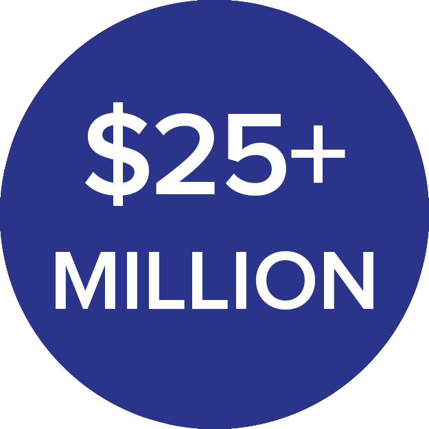 A Blue Circle With The Text $25+ MILLION In White, Indicating An Amount Greater Than Twenty-five Million Dollars.