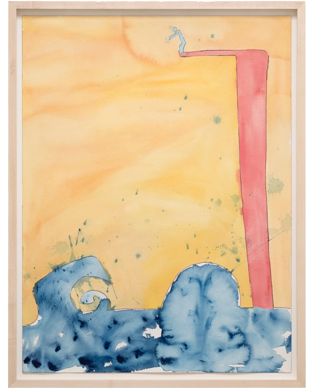 A Watercolor Painting Shows A Small Blue Figure Standing On The Edge Of A Tall, Red Platform Above Blue Waves, Set Against A Yellow-orange Background With Scattered Green Splatters.