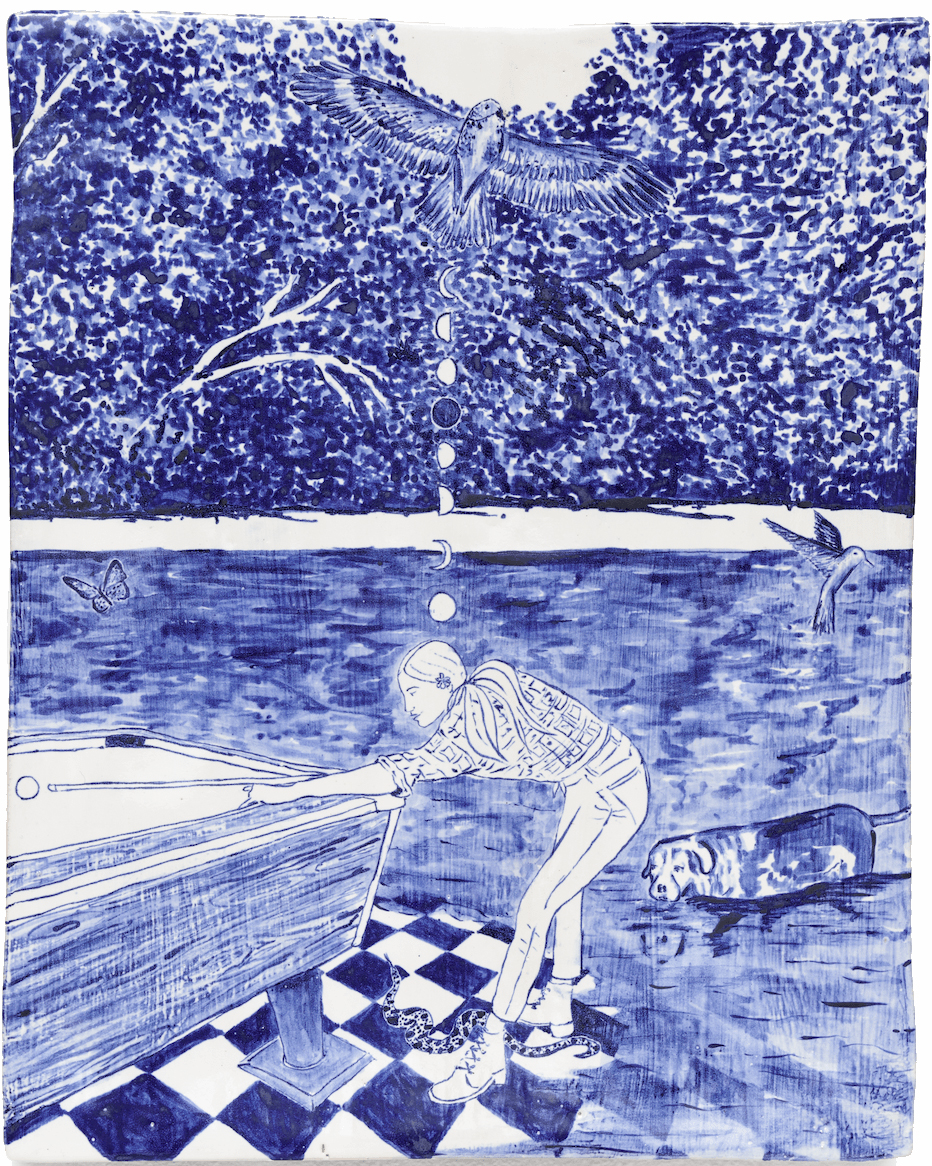 A Person Playing Pool Outdoors Stands On A Checkered Floor, With A Dog Sniffing Nearby, Birds And A Butterfly In A Dense Tree Background, And Moon Phases Depicted Above The Player In The Sky.