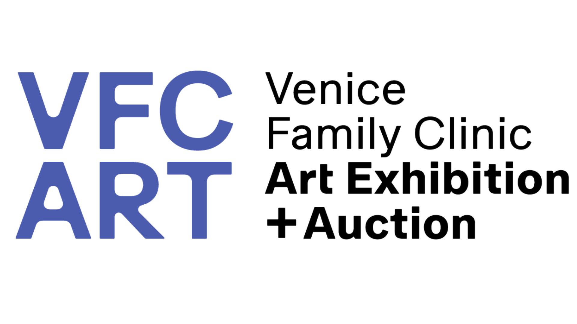 Logo For Venice Family Clinic Art Exhibition + Auction. Large Blue Letters On The Left Read VFC ART, And Black Text On The Right Reads Venice Family Clinic Art Exhibition + Auction.