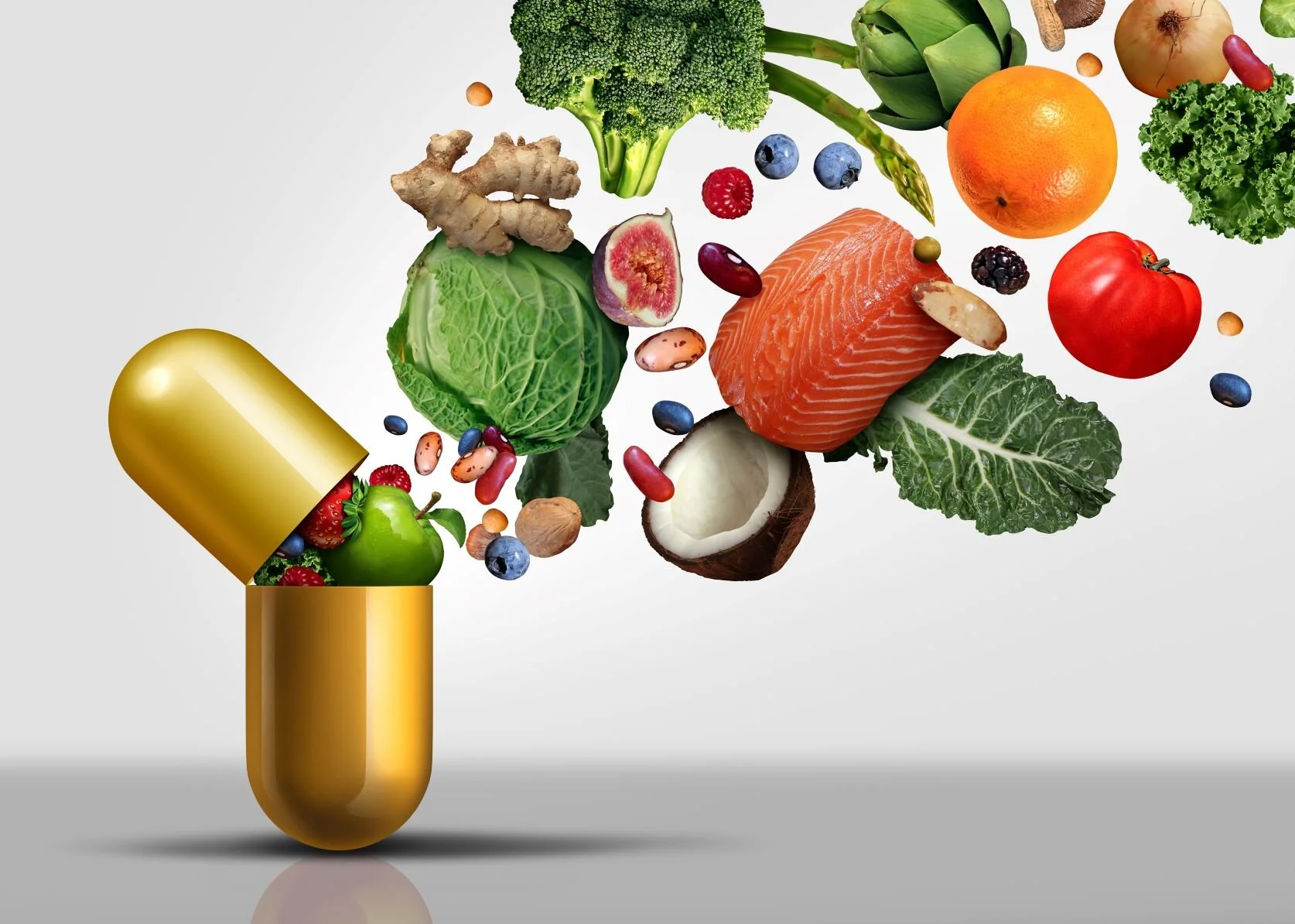 A Golden Capsule Opens With Various Healthy Foods Like Salmon, Broccoli, Orange, Tomato, Leafy Greens, Berries, And Nuts Overflowing From It, Symbolizing The Concept Of Natural Nutrition As Medicine.