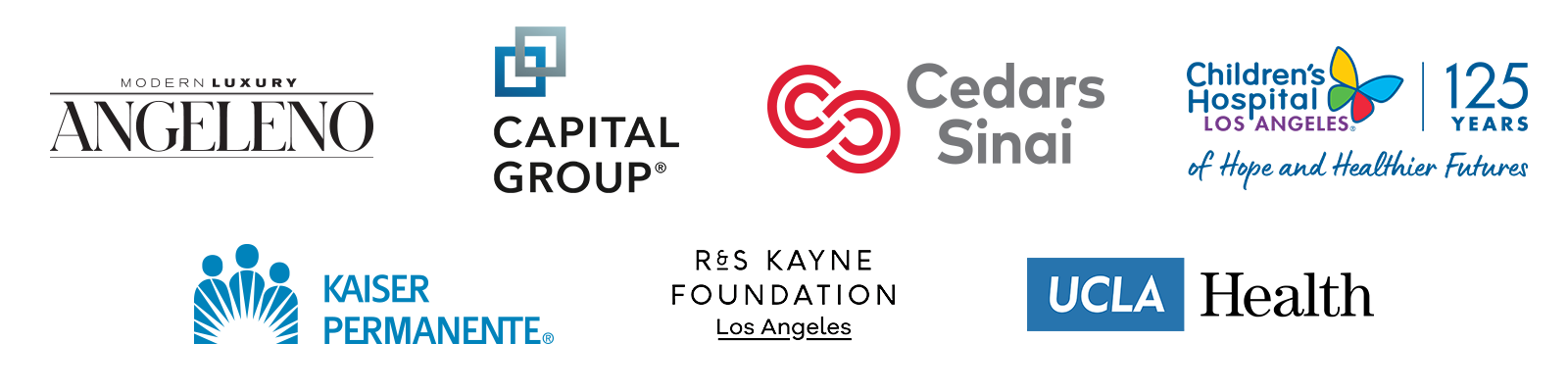 Logos Of Eight Organizations: Modern Luxury Angeleno, Capital Group, Cedars-Sinai, Children’s Hospital Los Angeles, 125 Years, Kaiser Permanente, R&S Kayne Foundation Los Angeles, And UCLA Health, On A Light Background.