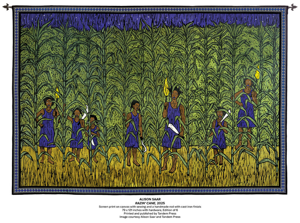 A Vibrant Artwork Shows Seven Black Women In Blue Dresses Walking Through Tall Sugarcane. They Hold Machetes And Torches, Surrounded By Green Plants Under A Textured Blue Sky, Framed With A Decorative Patterned Border.