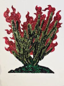 A Drawing Of Tall Green Cacti Covered In Glitter, With Stylized Red Glitter Flames Rising Behind Them, All Set Against A White Background.