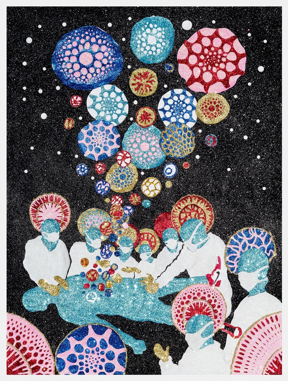 Six Abstract, Faceless Figures In White With Colorful Patterned Halos Gather Around A Glittering Blue Figure On A Table, While Vibrant Circular Shapes Float Upward Against A Dark, Starry Background. Six Abstract, Faceless Figures In White With Colorful Patterned Halos Gather Around A Glittering Blue Figure On A Table, While Vibrant Circular Shapes Float Upward Against A Dark, Starry Background.