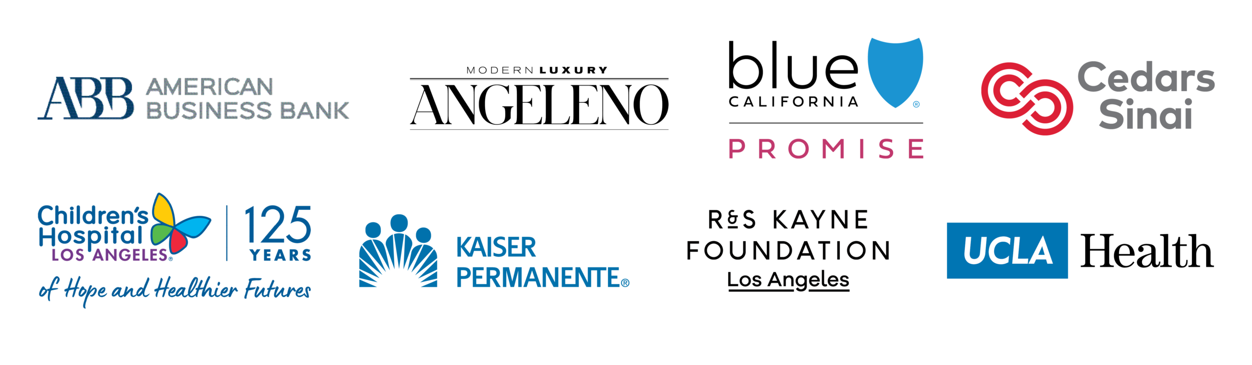 A Collection Of Nine Healthcare And Business Logos, Including American Business Bank, Angeleno, Blue California Promise, Cedars Sinai, Children’s Hospital Los Angeles, Kaiser Permanente, R&S Kayne Foundation, And UCLA Health.