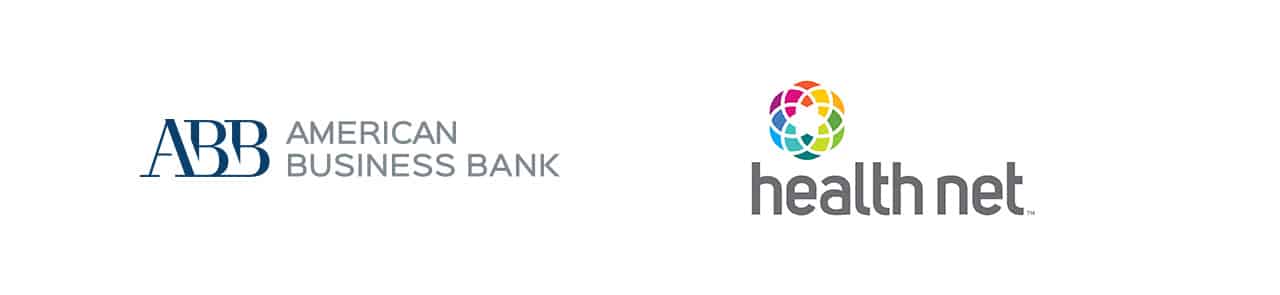 Logos Of American Business Bank On The Left, With Blue Text, And Health Net On The Right, Featuring A Colorful Circular Symbol And Grey Text. Both Logos Are On A White Background.