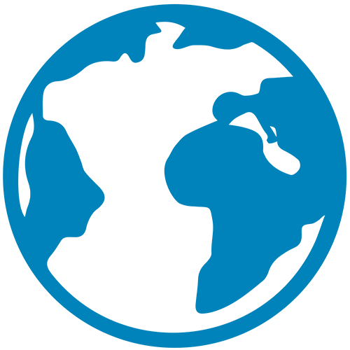A simple blue and white illustration of Earth, showing the continents of Africa, Europe, and the Americas, with a clear circular border.