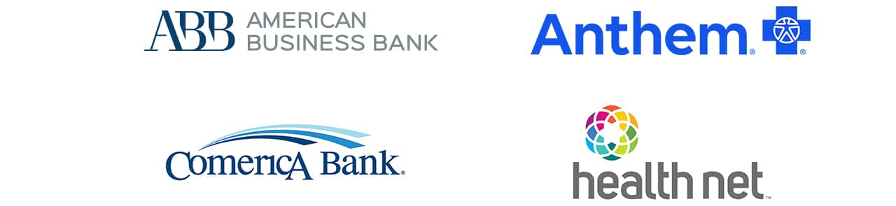 Four Company Logos: American Business Bank, Anthem Blue Cross, Comerica Bank, And Health Net, Each With Distinct Text And Graphic Elements, Displayed Against A White Background.