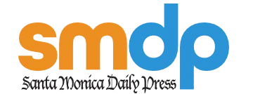 Logo With Large Lowercase Letters Smdp In Orange And Blue, And The Words Santa Monica Daily Press In Black Script Font Below.