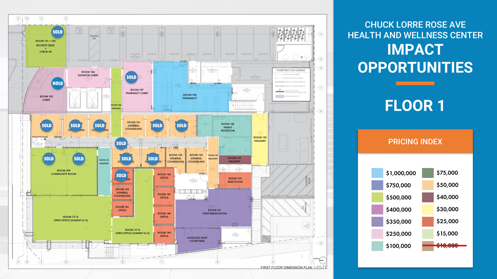 Floor Plan Of The Chuck Lorre Rose Ave Health And Wellness Center, Showing Available And Sold Room Opportunities With A Corresponding Pricing Index. Floor Plan Of The Chuck Lorre Rose Ave Health And Wellness Center, Showing Available And Sold Room Opportunities With A Corresponding Pricing Index.