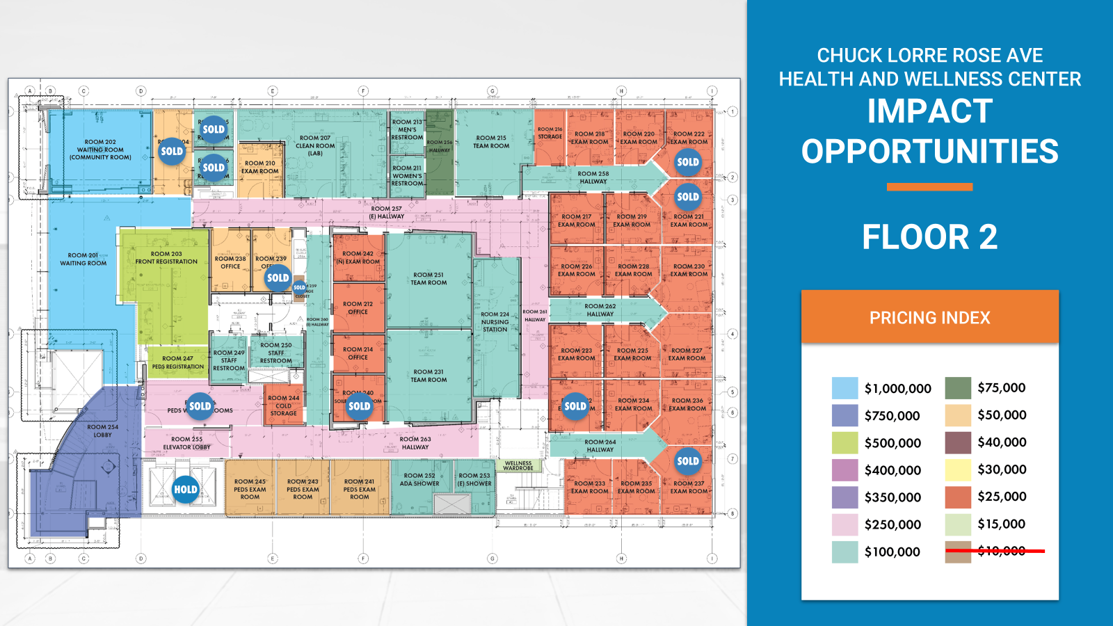 Floor Plan For The Second Floor Of The Chuck Lorre Rose Ave Health And Wellness Center, Showing Color-coded Rooms With Prices For Naming Opportunities, Including Several Rooms Marked As Sold Or On Hold. Floor Plan For The Second Floor Of The Chuck Lorre Rose Ave Health And Wellness Center, Showing Color-coded Rooms With Prices For Naming Opportunities, Including Several Rooms Marked As Sold Or On Hold.
